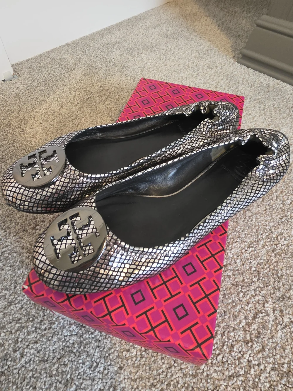 Tory Burch Gunmetal Logo Ballet Flats